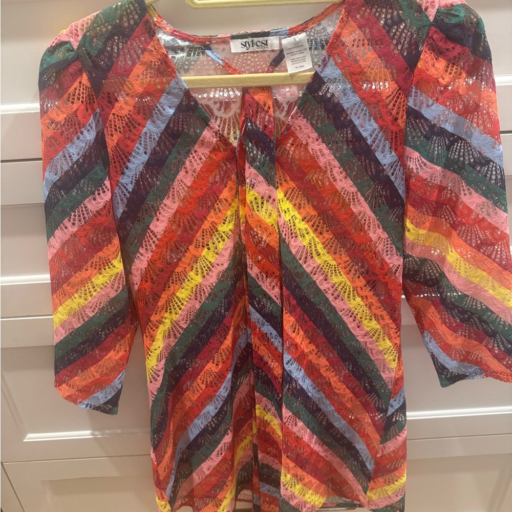 Stylest Multicolor Lace Stripe Swim Coverup - Red/Yellow/Blue